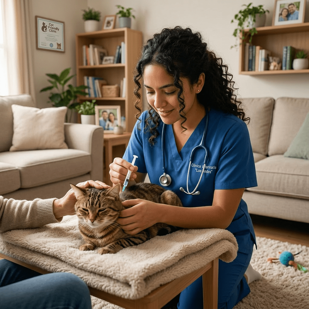 Veterinarian in blue scrubs giving injection to a calm tabby cat on a blanket