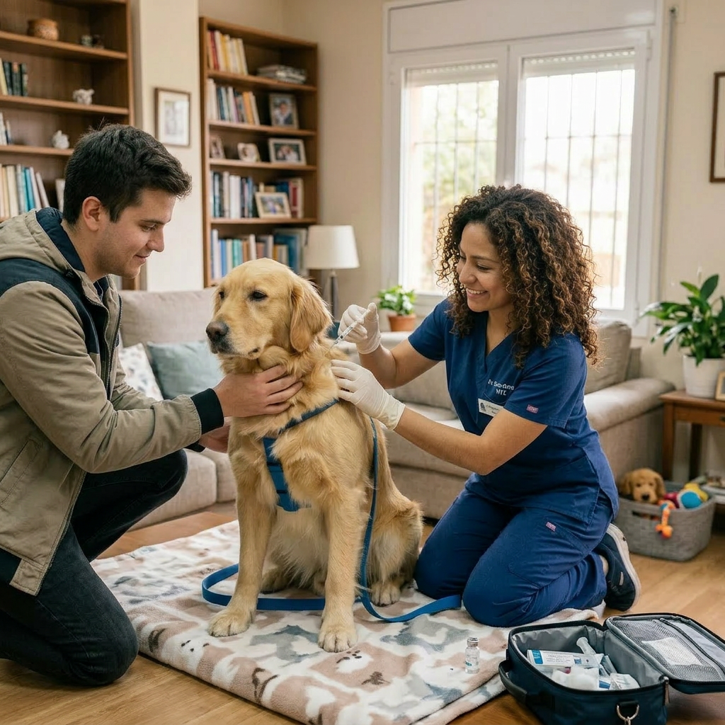 Veterinarian giving a vaccine injection to a golden retriever dog held by owner